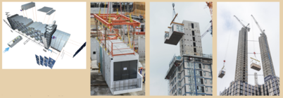 Modular Integrated Construction (MiC) design, transport and installation [photo courtesy of China International Marine Containers (Group) Co., Ltd., Dragages Singapore Ltd., Tide Construction Ltd. and Atlantic Modular System Ltd.  (from left)]