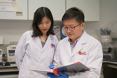 Professor Zhiwei Chen (right) discussing with PhD Candidate, Ms Dongyan Zhou, on COVID-19 antibody drug discovery