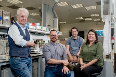 (From left) Professor David Dudgeon, Dr David Baker, Dr Timothy Bonebrake and Dr Caroline Dingle in the laboratory