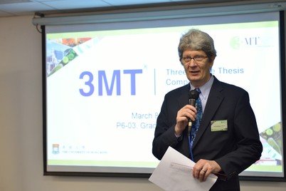 Professor John Bacon-Shone as the Chairman of the Adjudicating Panel at the HKU Three Minute Thesis (3MT®) Competition, an annual event jointly organised by the Graduate School and the Knowledge Exchange Office for the final-year research postgraduate and professional doctorate students