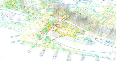 sDNA 3D analysis of the government proposal for the Harbourfront masterplan (IFC area focus), showing 3D indoor and outdoor principal pedestrian paths from red to blue