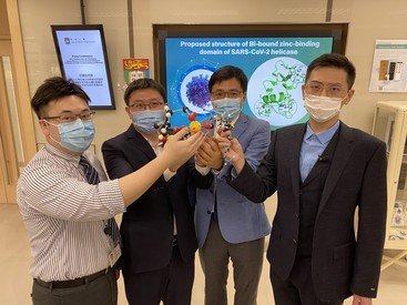 (From left) Dr Jasper Chan and Dr Shuofeng Yuan, Professor Hongzhe Sun and Dr Runming Wang with the molecular structure of RBC at the press conference on their findings of bismuth drug